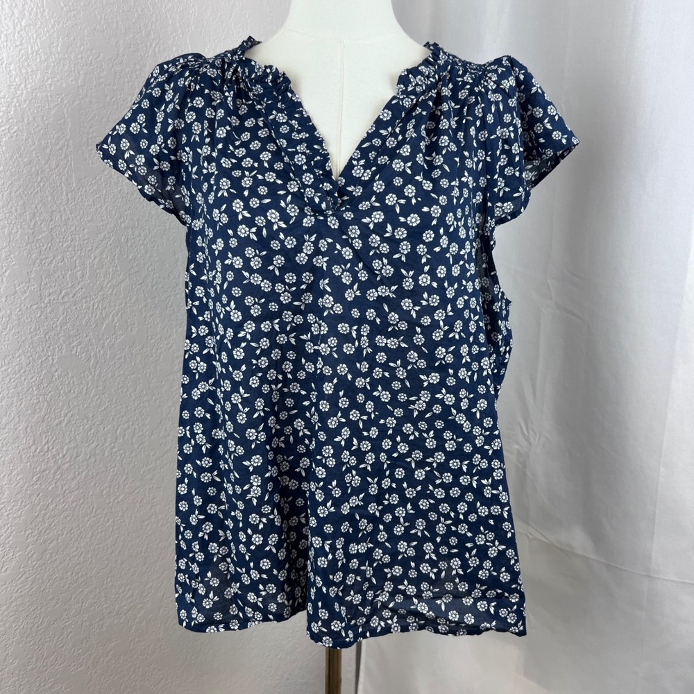 J.Crew Blouse Womens XL Navy Blue Cotton Floral Ruffle V-Neck Flutter Sleeve
